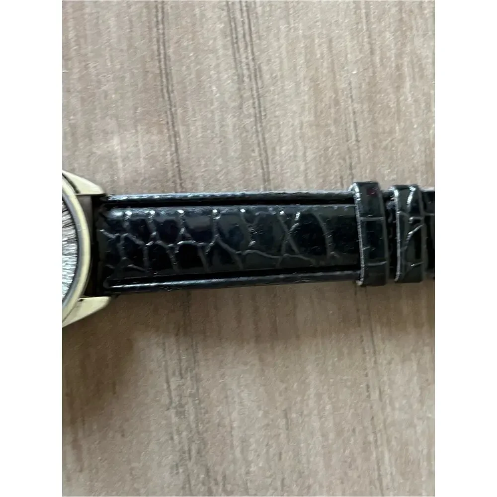George Crystal Bezel Moon Phase Watch Black Croc Strap Silver Tone Quartz